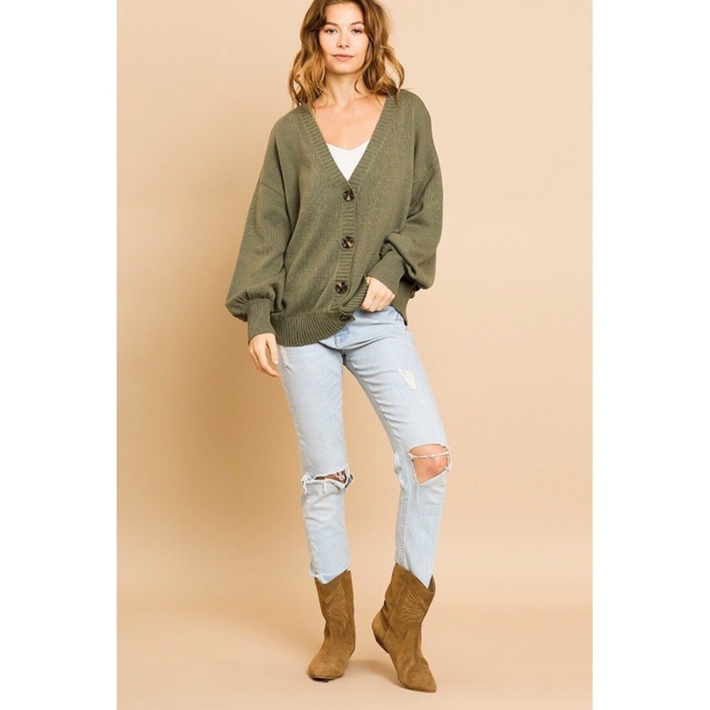 💕 Olive Green Puff Sleeve Cardigan Sweater - Picture 3 of 5